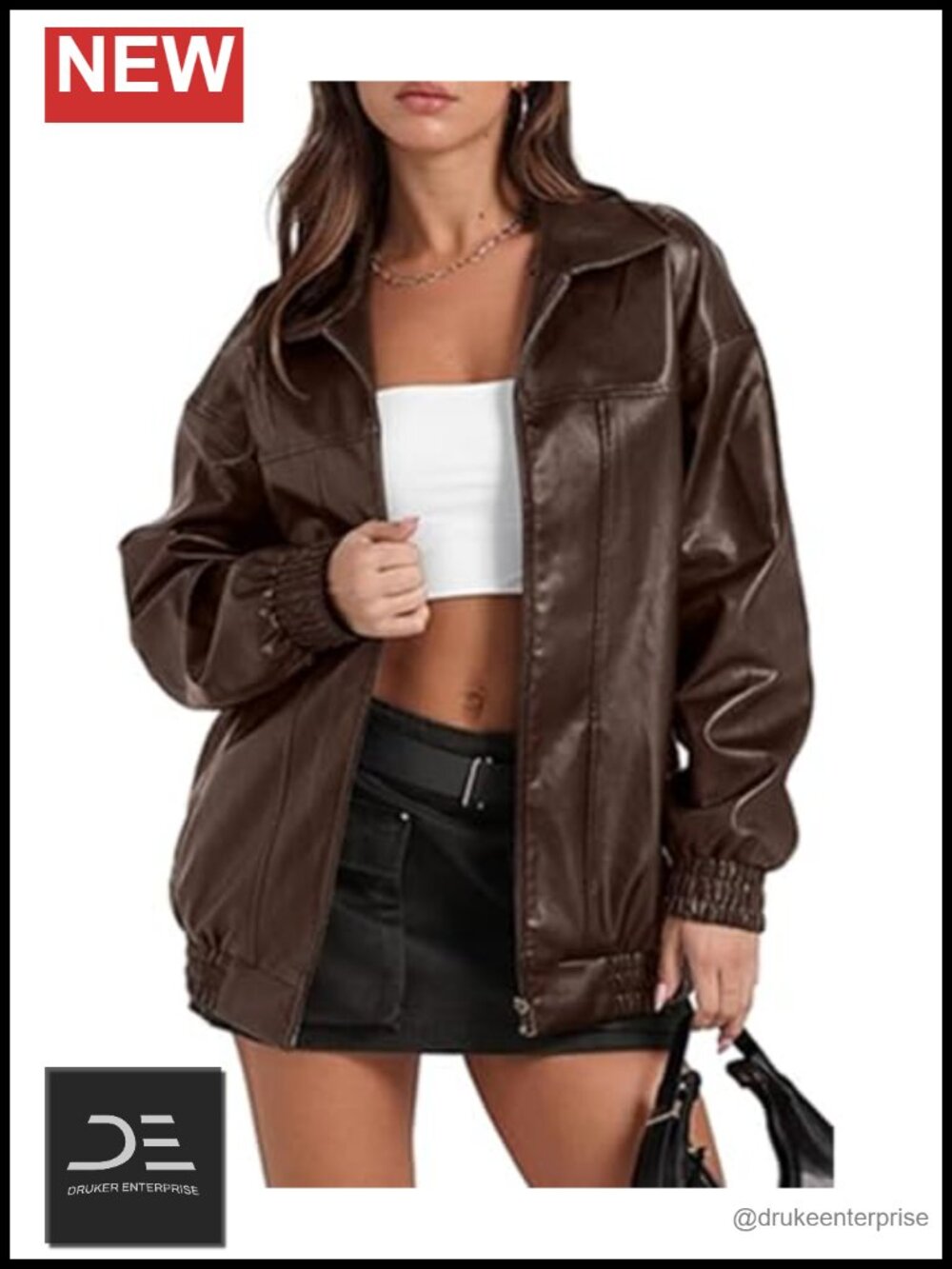 Faux Leather Jacket Long Sleeve Turn Down Collar Zip Up Loose Fit Bomber Coat